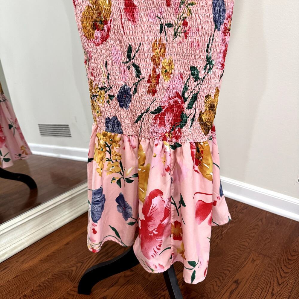 Beautiful Pink Floral Ruched Midi Dress Women's Size Medium - Picture 3 of 5